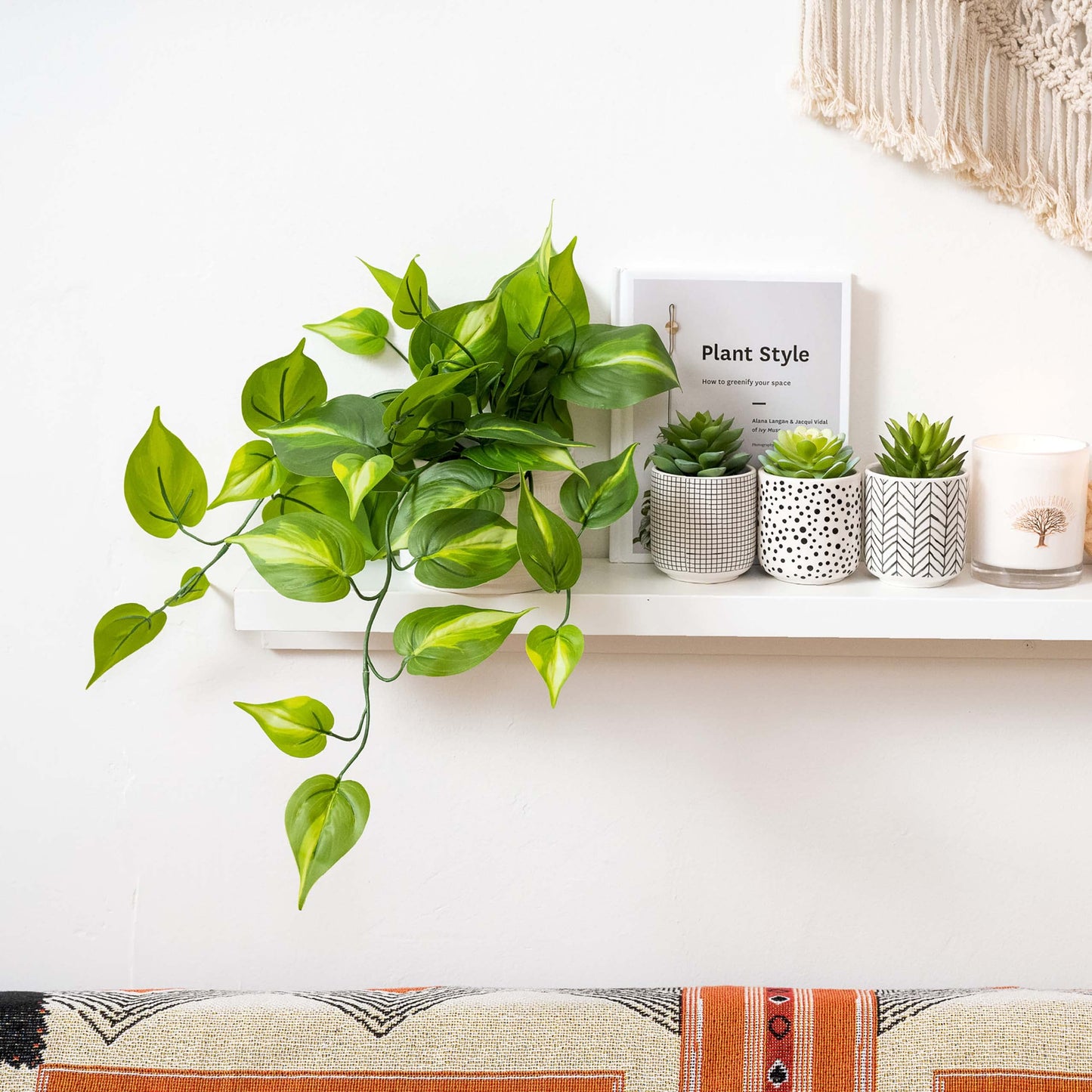 Kurrajong Farmhouse Dark Green Fake pothos | Fake Plant for Shelf Decor | Artificial Trailing Ivy Plant with 5" Wide Ceramic Pot | Faux pothos | Feaux Pothos | Bathroom and Kitchen Decor