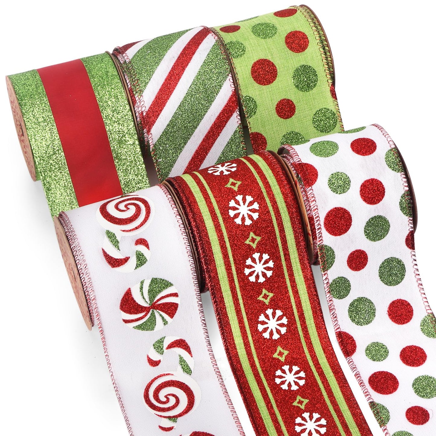 Ribbli Christmas Ribbon Wired Red and Lime Green Christmas Tree Ribbon Candy Cane Glitter Burlap Ribbons for Topper Bow Crafts Gift Wrapping Wreaths Garland Home Decor -2.5 Inchx6 Rolls Total 30Yard