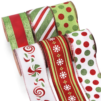 Ribbli Christmas Ribbon Wired Red and Lime Green Christmas Tree Ribbon Candy Cane Glitter Burlap Ribbons for Topper Bow Crafts Gift Wrapping Wreaths Garland Home Decor -2.5 Inchx6 Rolls Total 30Yard