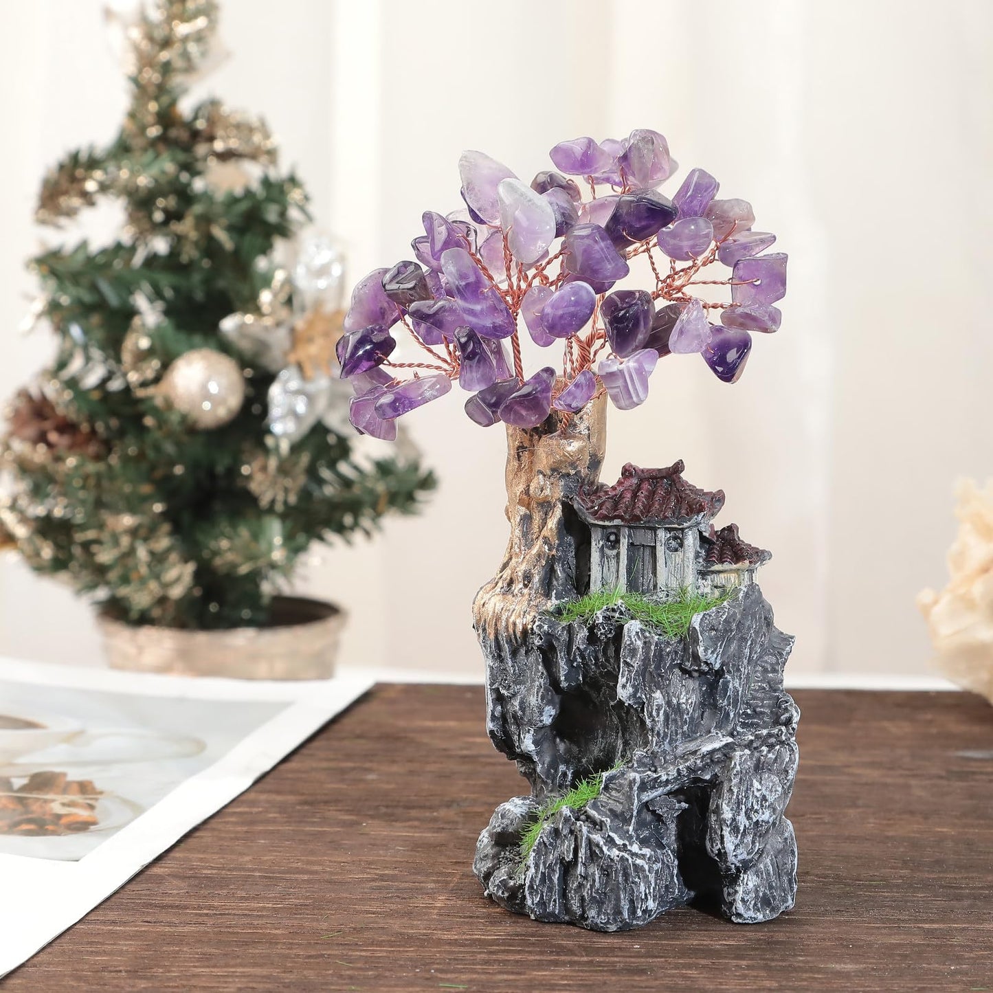SUNYIK Resin Mountain Tree Fairy House Decor Chakra Crystal Money Tree Miniature Figurine Household Landscape Decor Indoor Garden Village, Amethyst