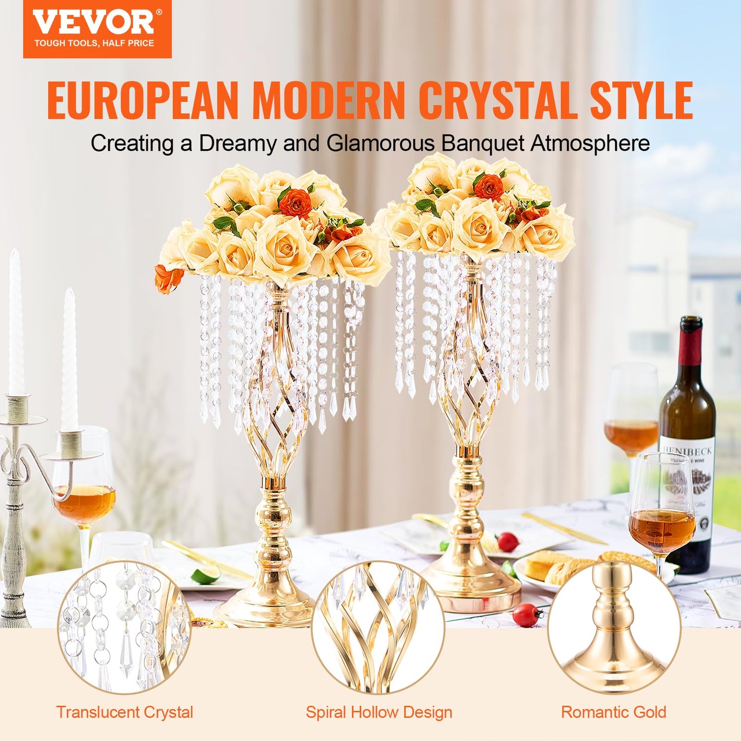 VEVOR Metal Wedding Centerpiece Gold,Crystal,12PCS 49cm/19.3”