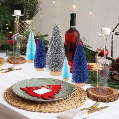 Leyndo 9 Pcs Blue Classic Artificial Mini Christmas Tree Sisal Bottle Brush Trees with Wood Base Christmas Pine Trees for Autumn Winter Holiday Home Kitchen Party Decor