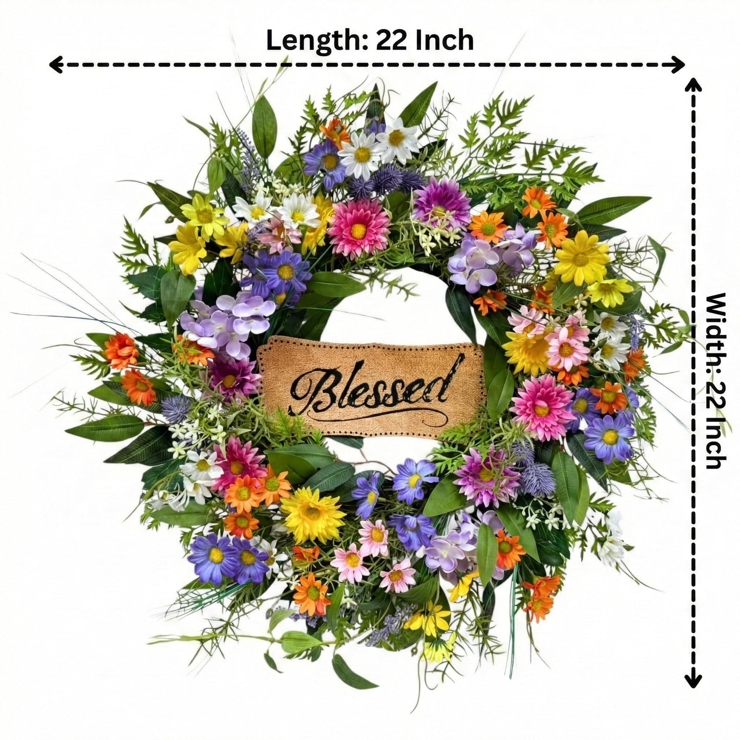 Lnymura 22 Inch Spring Summer Blessed Wildflower Wreath for Front Door Wall