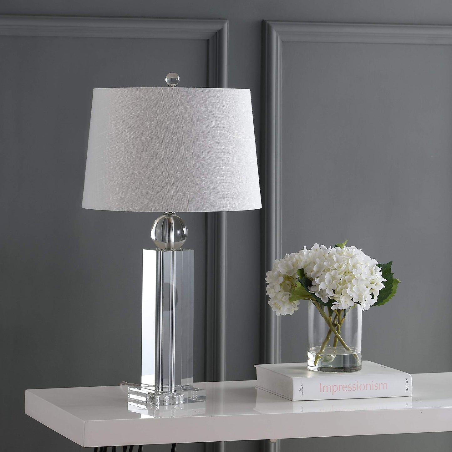 JONATHAN Y 28.5" Clear Crystal Column LED Table Lamp, Glam Traditional Lamp for Living Room Bedroom Nightstand, White Linen Drum Shade, Chrome, LED Bulb Included JYL5004A