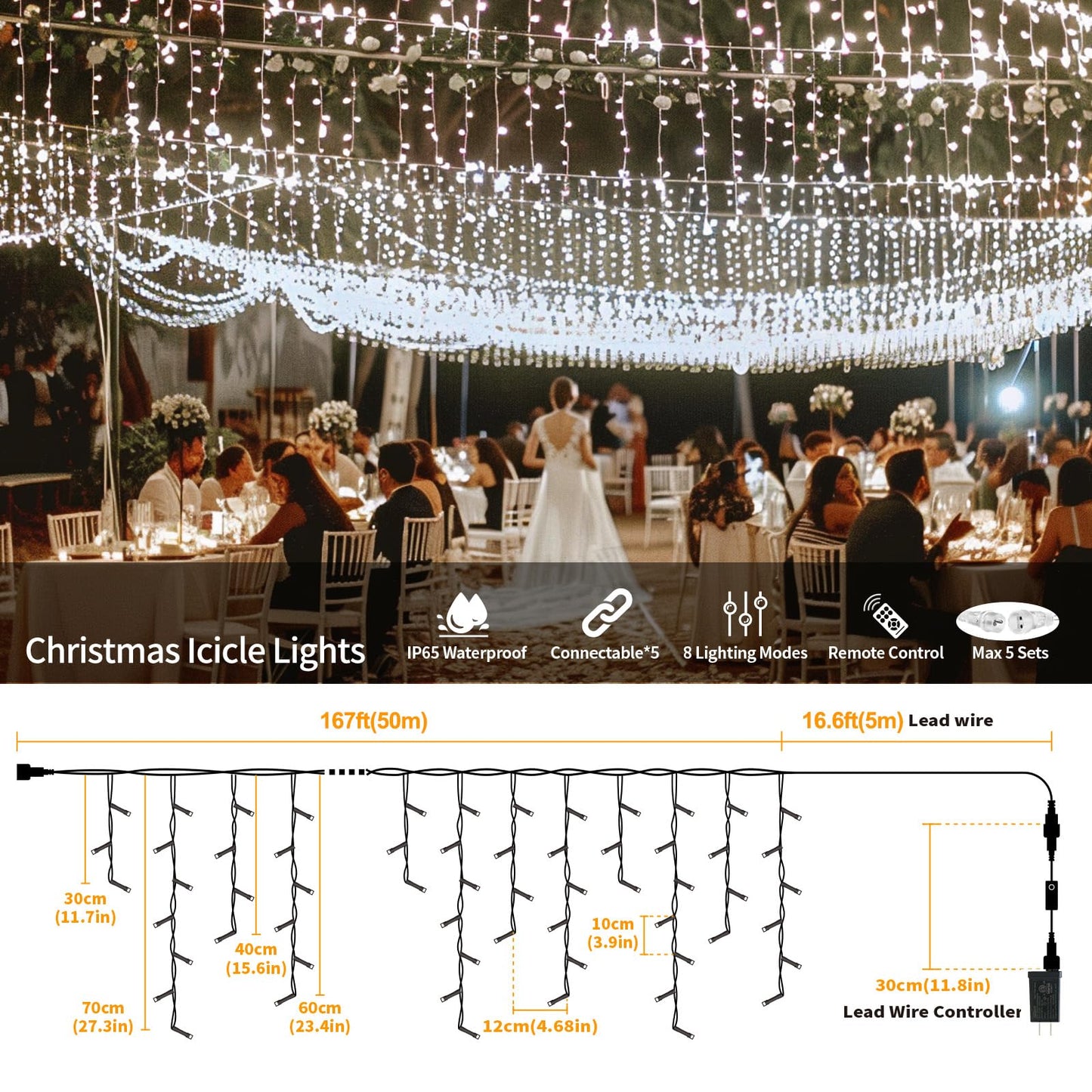 Icicle Lights for Outside, 167ft 17600 LED Icicle Christmas Lights Outdoor Waterproof, 352 Drops with Remote, 8 Modes & Dimmable, Timer for Christmas, Wedding, Party, House, Roof Decoration, White