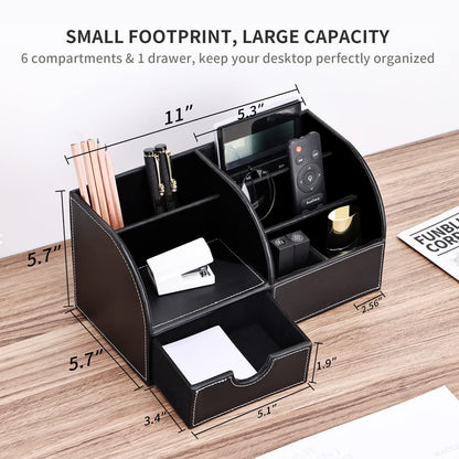 KINGFOM Pu Leather Desk Organizer Pen Pencil Holder Office Supplies Caddy Storage Box 6 Compartments with Drawer Black