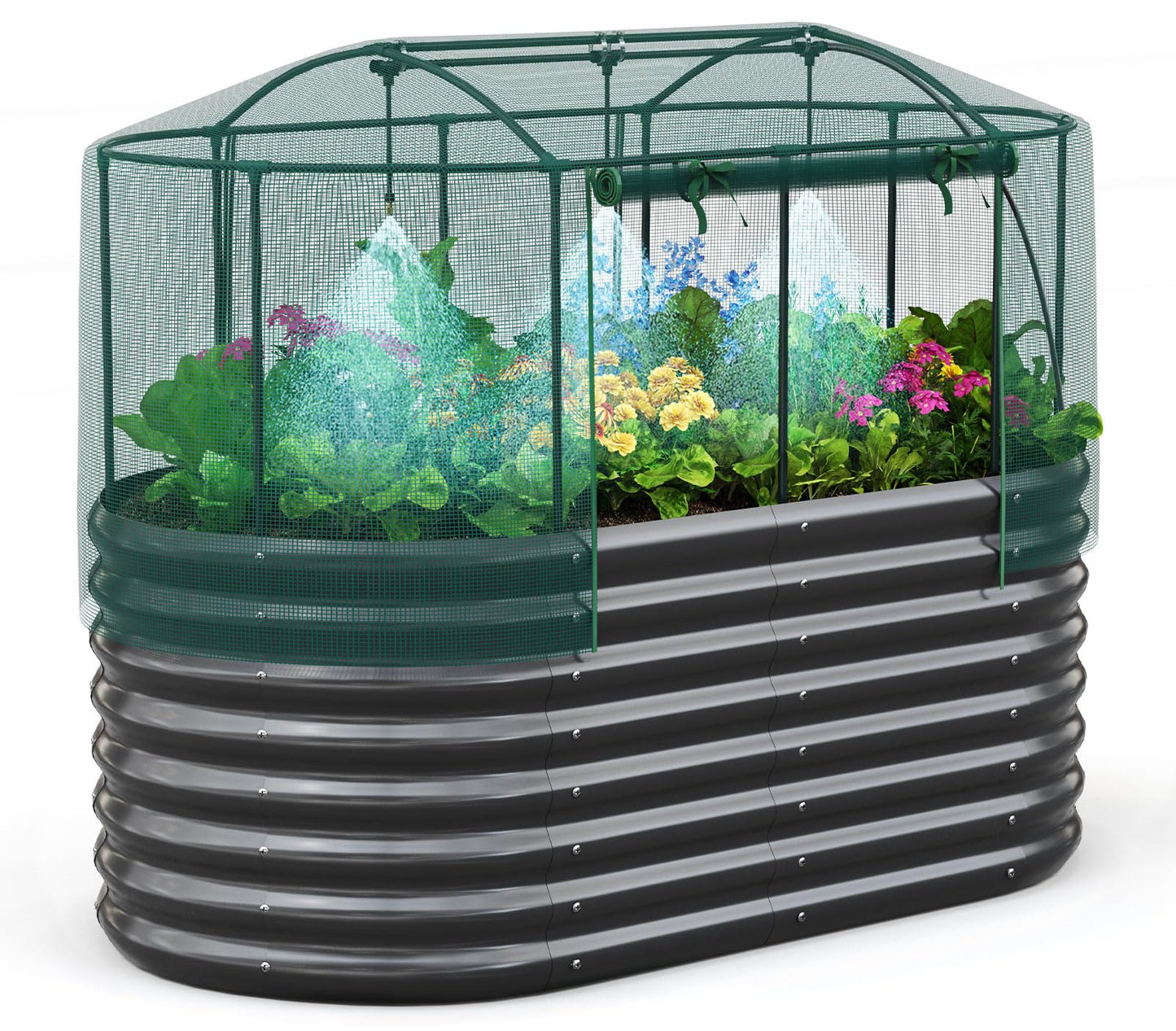 Quictent Galvanized Raised Garden Bed Kit with Self Watering System and Mesh Cover, Large Oval Metal Outdoor Planter Garden Boxes for Vegetables Herbs Flowers, 6x3x2Ft