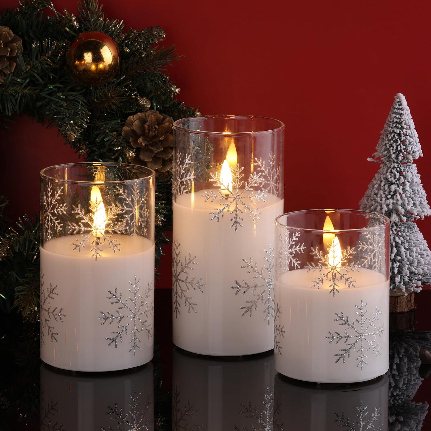 Girimax Clear Snowflakes Christmas Flameless Candles with Remote, Flickering Battery LED Pillar Candles Set of 3