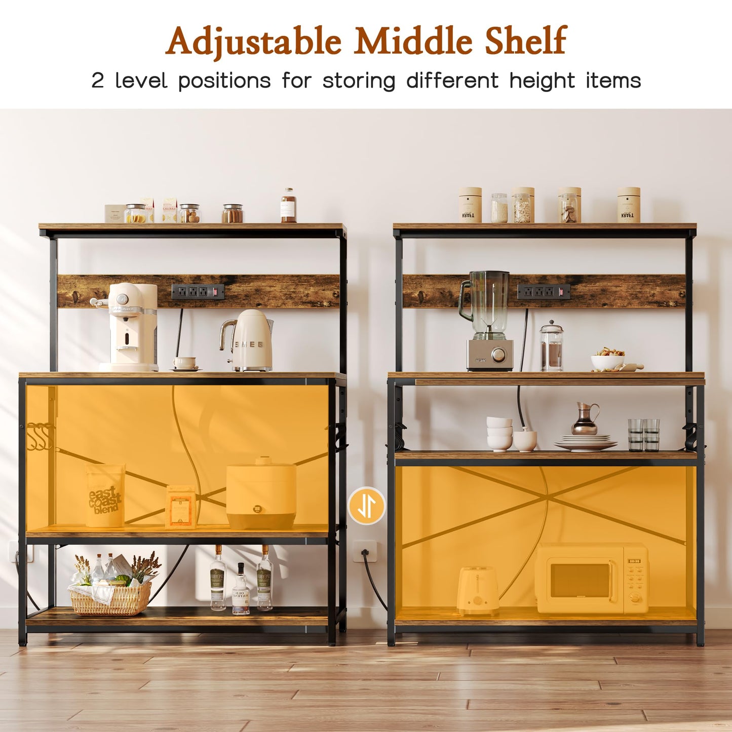 SUPERJARE Kitchen Bakers Rack with Power Outlet, Coffee Bar Table 4 Tiers, Kitchen Microwave Stand with 6 S-shaped Hooks, Storage Shelf Rack for Spices, Pots and Pans - Rustic Brown