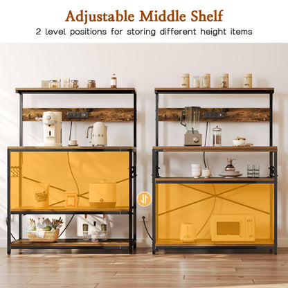 SUPERJARE Kitchen Bakers Rack with Power Outlet, Coffee Bar Table 4 Tiers, Kitchen Microwave Stand with 6 S-shaped Hooks, Storage Shelf Rack for Spices, Pots and Pans - Rustic Brown