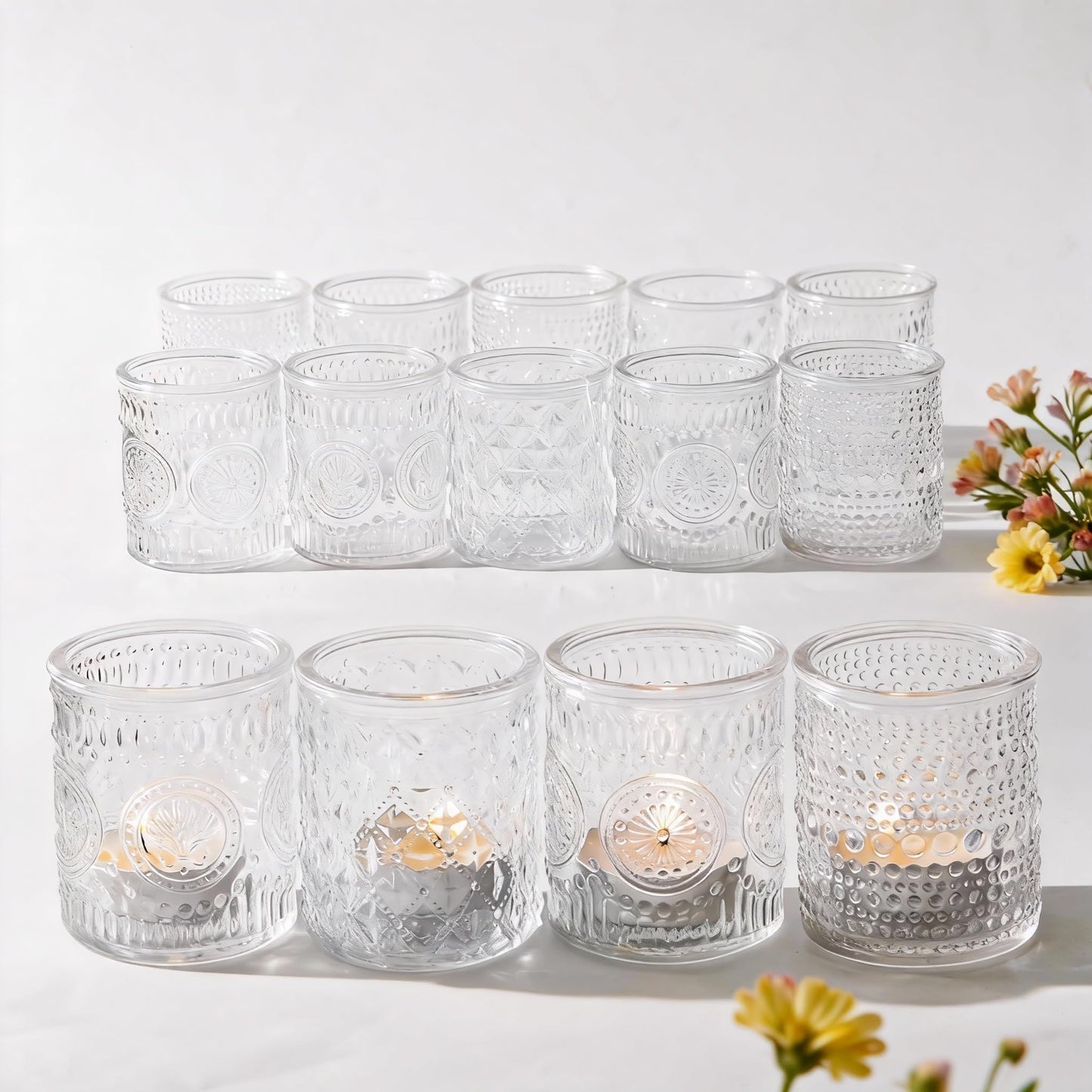 LETINE 16 Pcs Clear Glass Votive Candle Holders, Set of 4 Assorted Embossed Patterns, Tealight Candle Holders Bulk for Spring Summer Wedding Table Centerpieces, Valentine's Day & Party Decorations