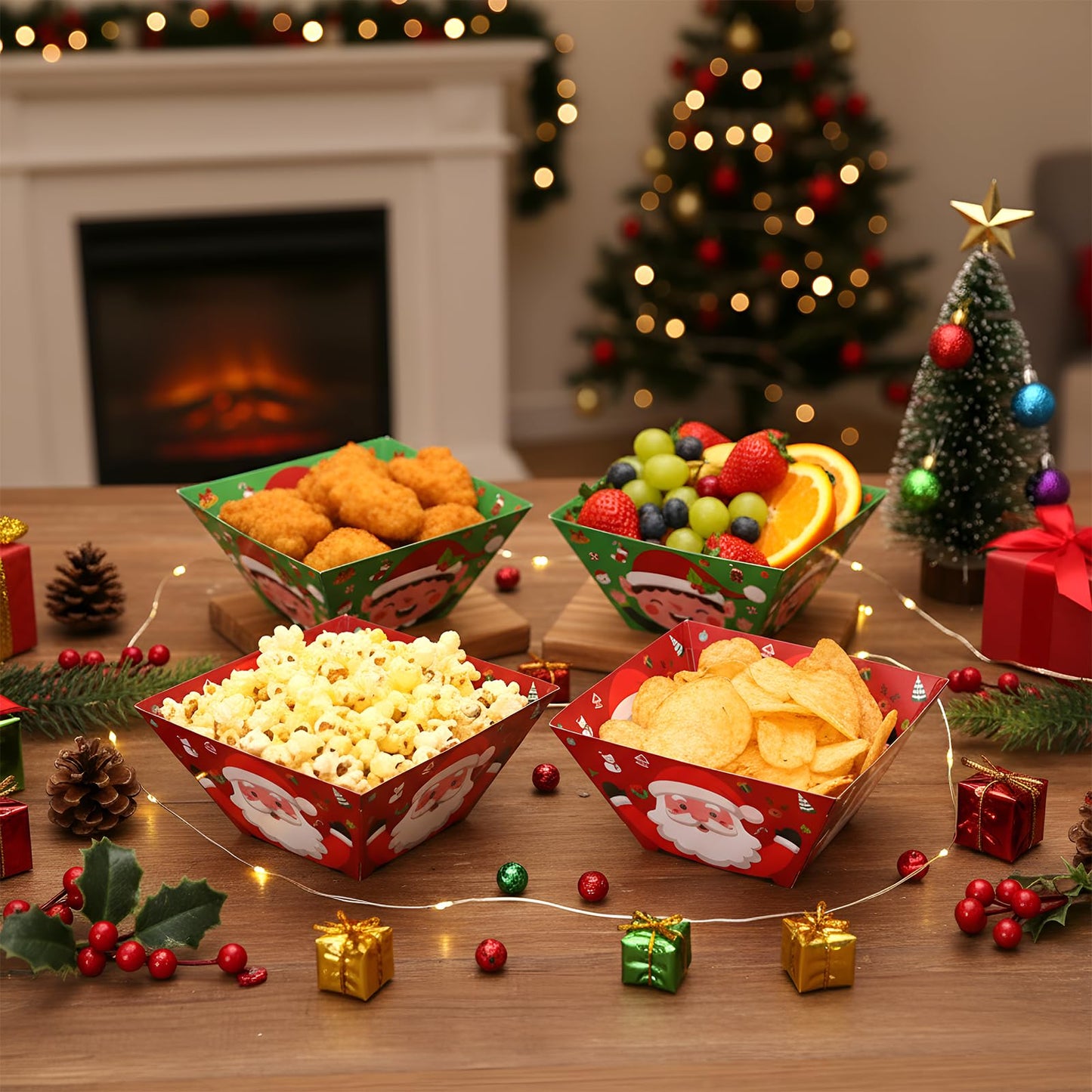 Marspark 12 Pcs Christmas Popcorn Bowls Disposable Treat Snack Boxes Popcorn Candy Cookie Tray Containers for Winter Christmas Party Supplies