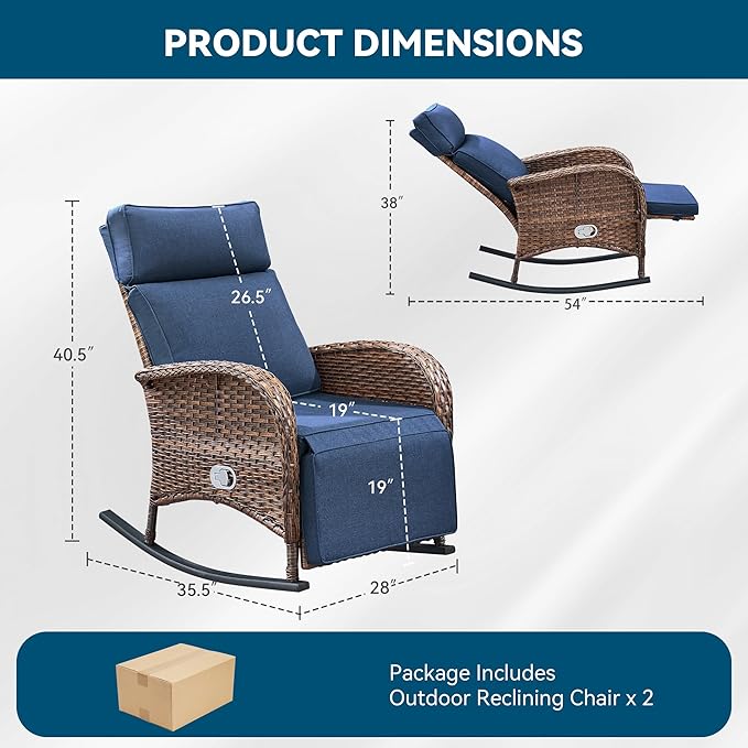 Zero Gravity Patio Rocking Wicker Recliner Chairs Set of 2- Wicker Outdoor Lounge Chair with Adjustable Backrest & Footrest, All Weather Reclining Rocker Chairs with Thick Cushion for Pool Deck Blue
