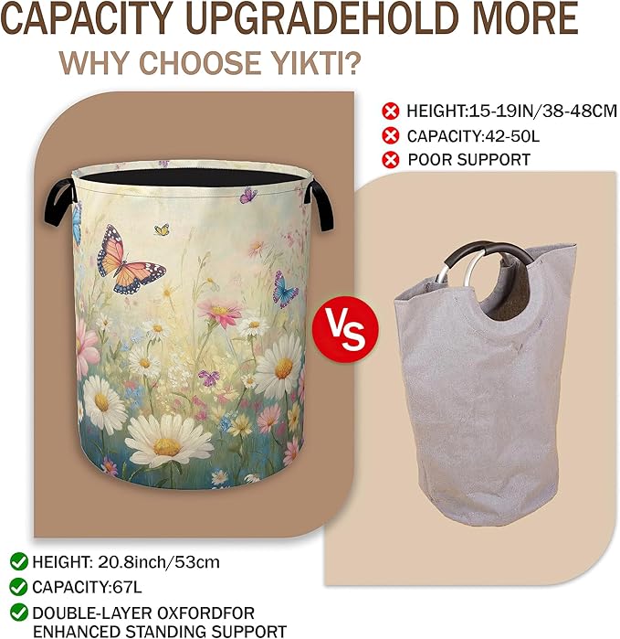 Spring Flowers Laundry Hamper, Watercolor Garden Wildflower Butterfly