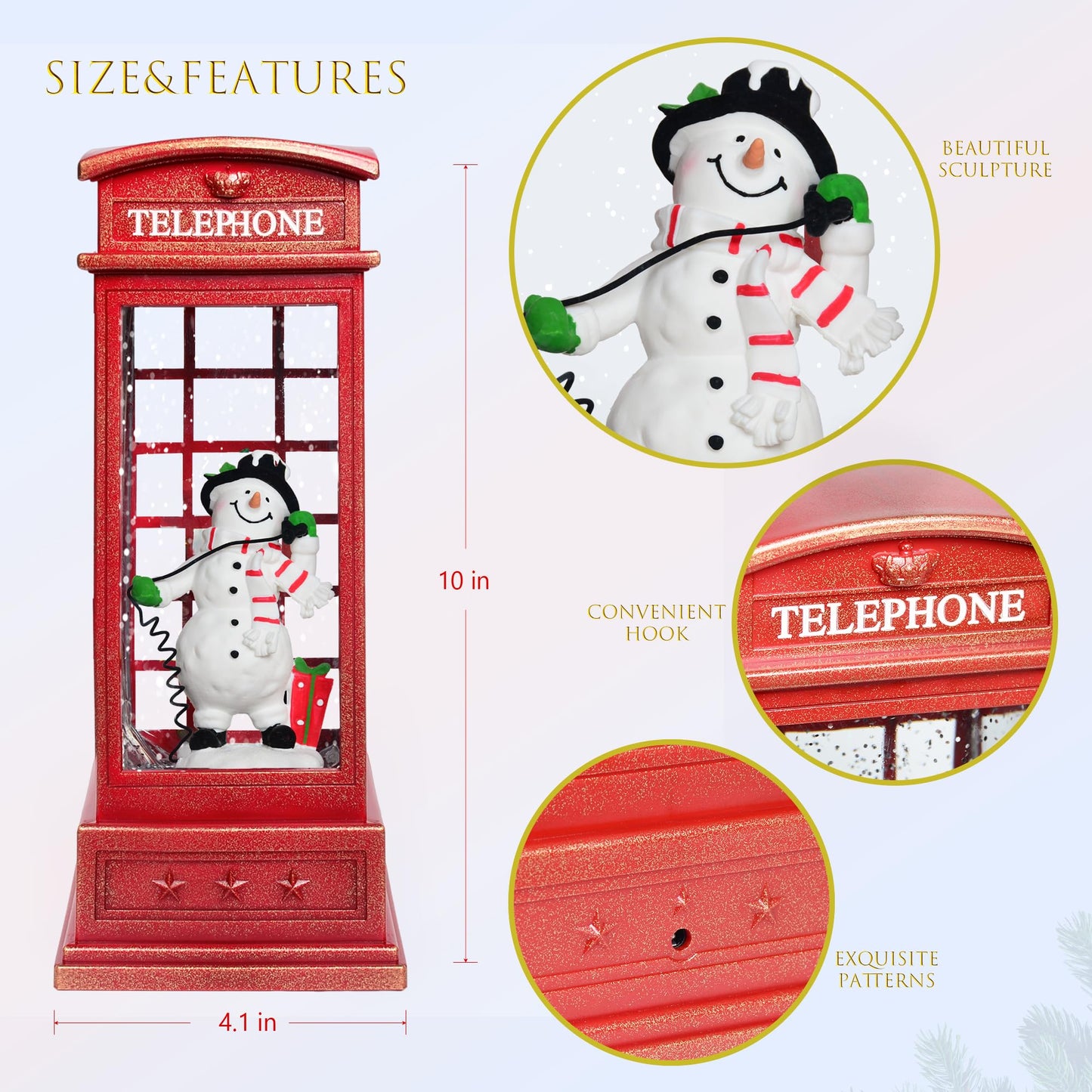 Christmas Snow Globes, 10" Snowman Christmas Glitter Lantern with 8 Songs, 6H Timer Battery & USB Powered Music Box for Christmas Table Decorations