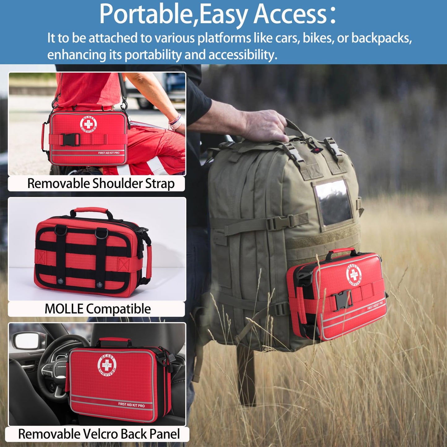 Comprehensive First Aid Kit, Premium Emergency Trauma Kits with Shoulder Strap for Car Camping Gear, Labelled Compartments Survival Kit, Home Essentials, Outdoor Emergency Medical Supplies -324 Piece
