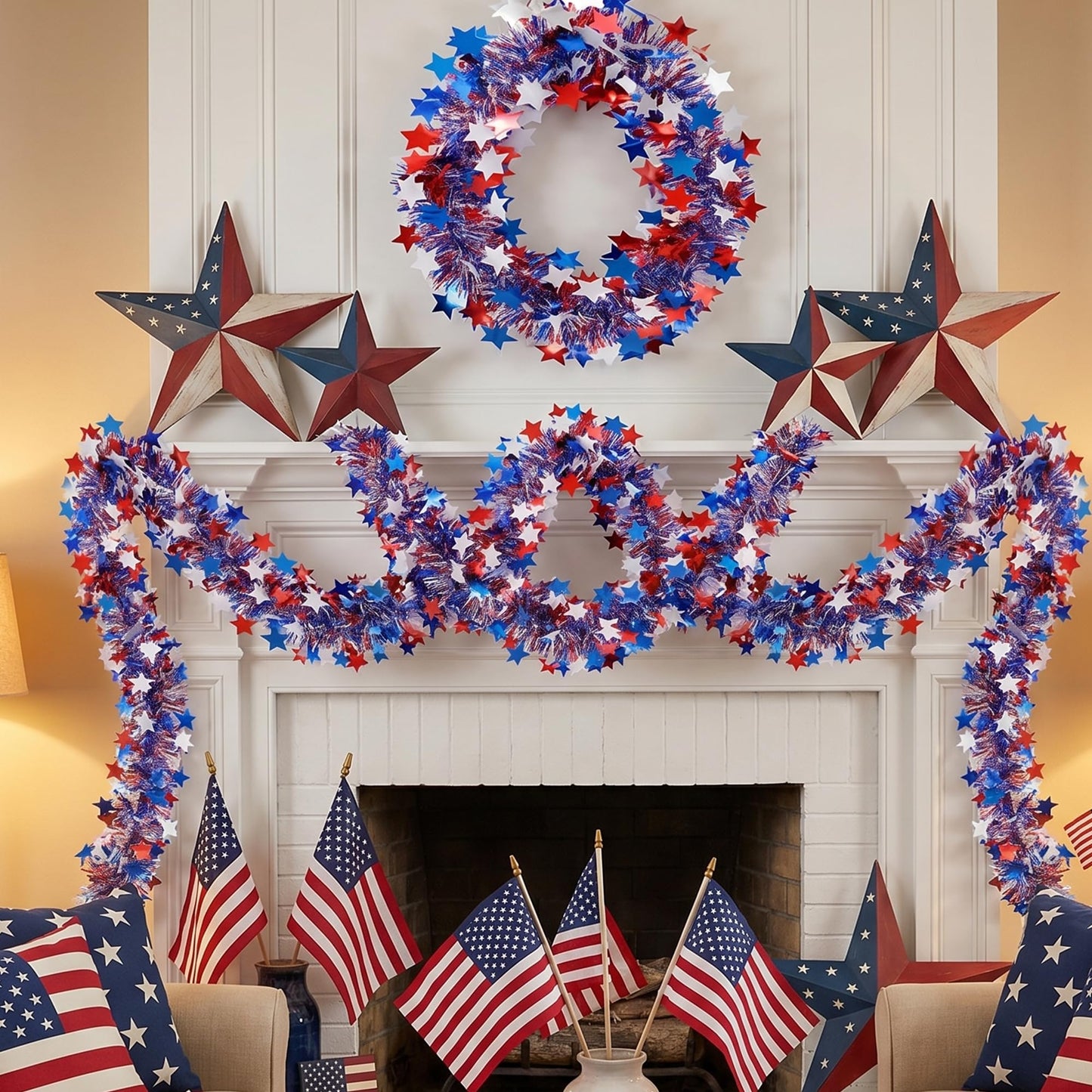 50ft Patriotic Star Tinsel Garland, Tinsel Banner for USA 250th Anniversary July 4th Decorations