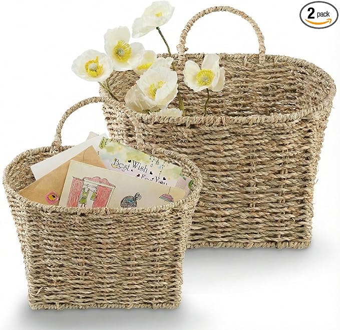 Set of 2 Wicker Hanging Basket for Organizing, Front Door, Flowers