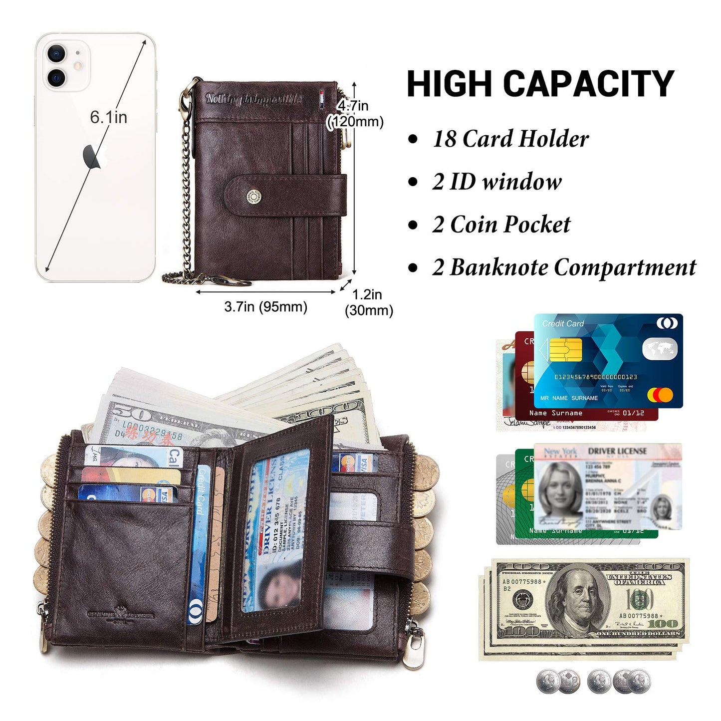 Humerpaul Men's Genuine Leather Wallet with RFID Blocking, Bifold Design, Credit Card Holder, Zipper Coin Pocket, Coffee