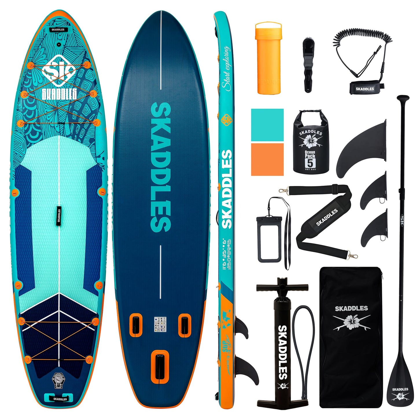 SKADDLES 11’6 × 35" Inflatable SUP–Super Wide, Stable Stand Up Paddle Board for Adults, Youth, Family & Pets, High Weight Capacity, Non-Slip EVA Deck, Premium Accessories (FLASHLINE · Reef Runner)