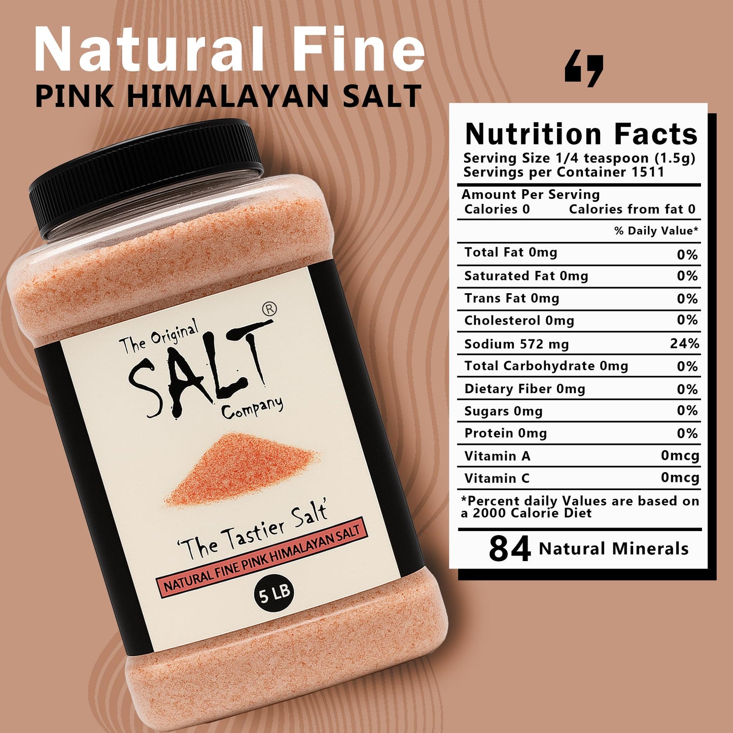 The Original Salt Company Pink Himalayan Salt, 5 LB Food-Grade Plastic Container 100% organic, kosher, fine grain, and gluten-free. Perfect for cooking, seasoning, and enhancing dishes with its mild, mineral-rich flavor.