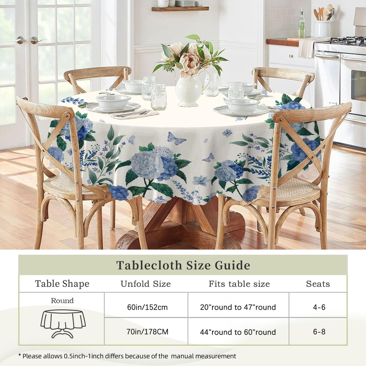 Eikione Round Table Cloths 60 in, Floral Tablecloth Waterproof, Wrinkle Free Polyester Flower Table Cover for Patio Party