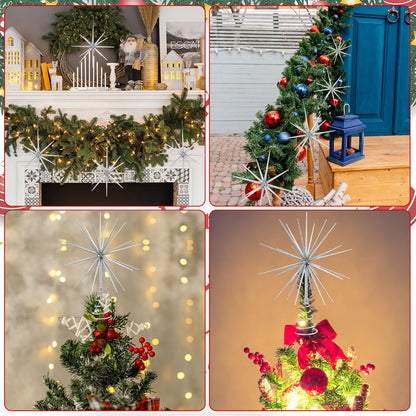 Leinuosen 5 Pcs Glitter Starburst Christmas Ornaments Include 4 Pcs 8'' Exploding Star Hanging Tree Ornament with a Large 13.7'' Starburst Christmas Tree Topper Xmas Holiday Tabletop Decor(Silver)