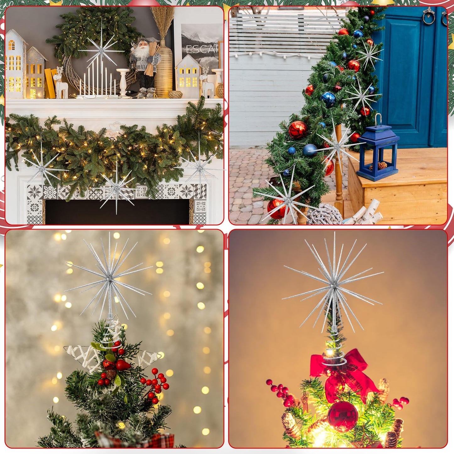 Leinuosen 5 Pcs Glitter Starburst Christmas Ornaments Include 4 Pcs 8'' Exploding Star Hanging Tree Ornament with a Large 13.7'' Starburst Christmas Tree Topper Xmas Holiday Tabletop Decor(Silver)