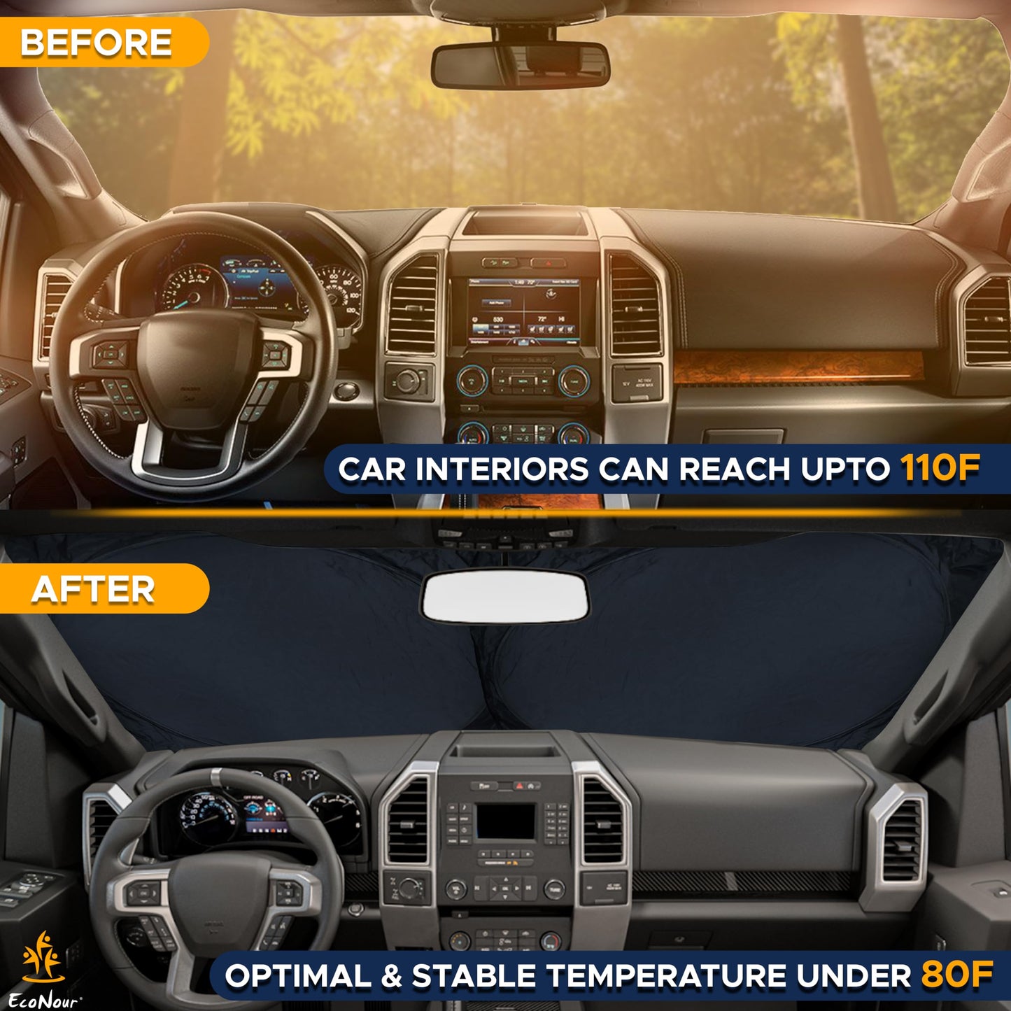EcoNour Truck Windshield Sun Shade with Storage Pouch - Reflective 240T Material Truck Windshield Cover - Foldable Sun Shield UV Dashboard Protection from Sun Heat | X-Large (69 x 35 inches)