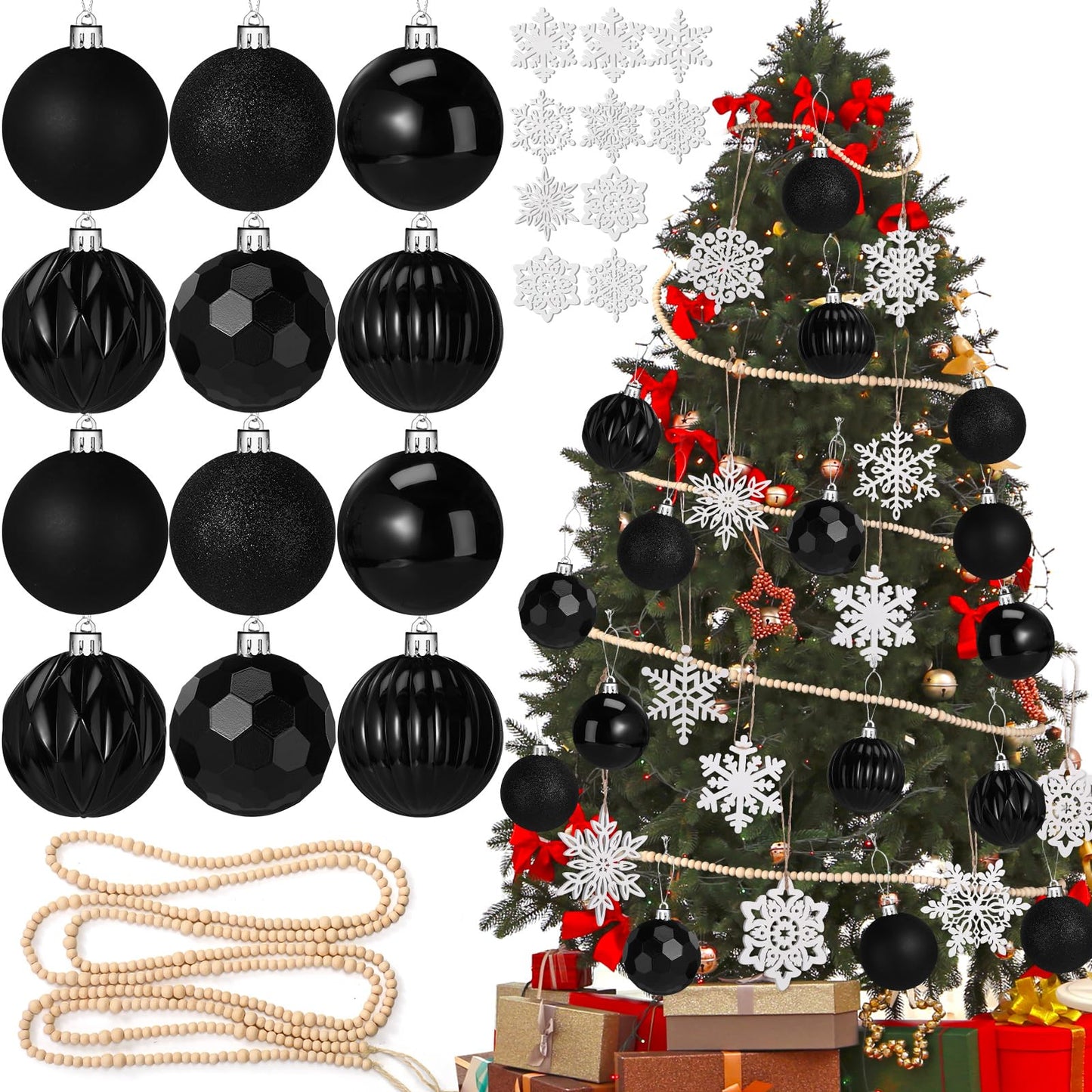 Aoriher 45 Pcs Christmas Tree Ornament Set,34pcs Christmas Ball Ornaments with Xmas Wooden Bead Garland Snowflake Ornaments for Xmas Tree Holiday Wedding Party Wreath Home Decoration(Black)