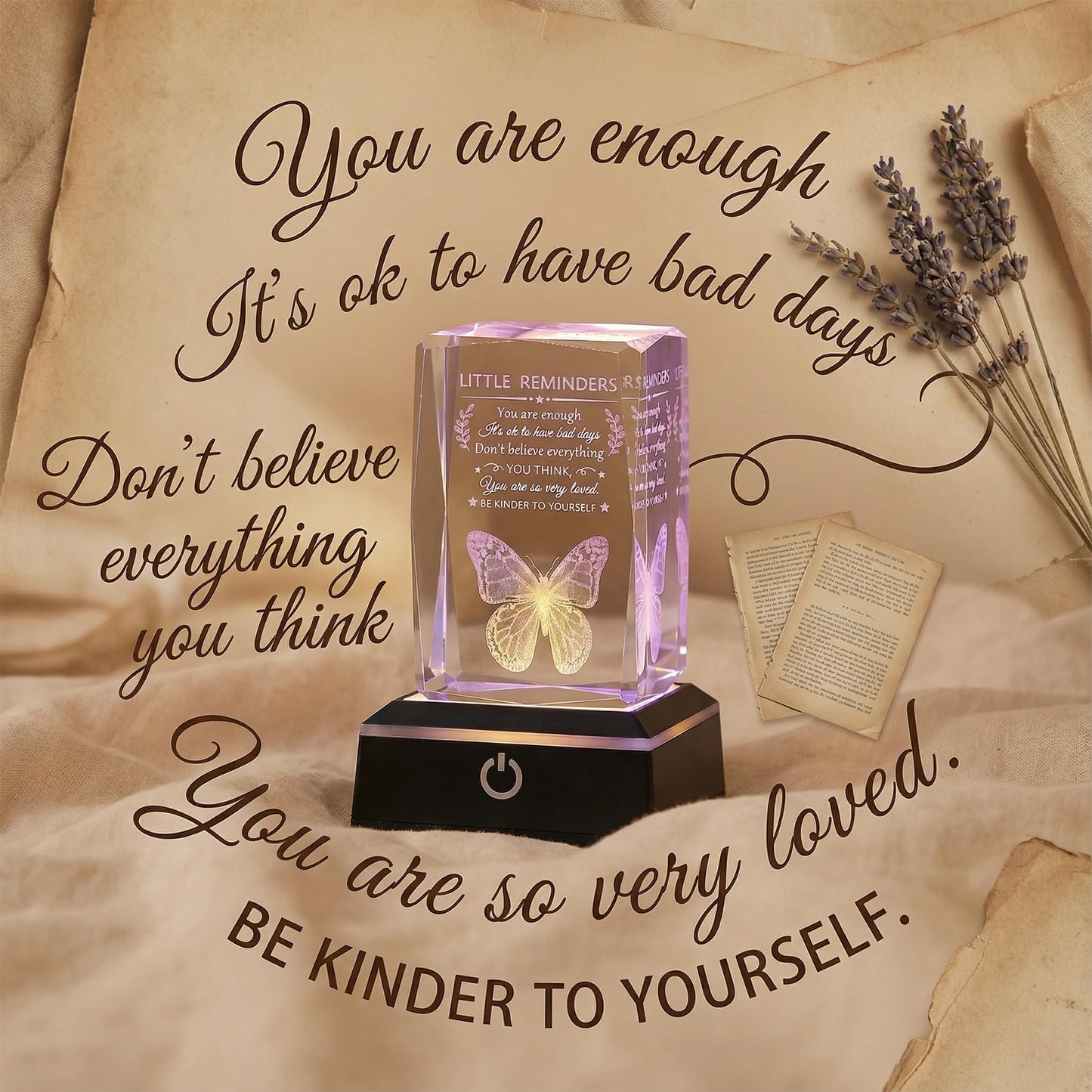 Movdyka Inspirational Gifts 3D Crystal Decor with LED Light Base - Laser Engraved You are Enough, Home/Desk/Room Decor for Teen Girls, Thoughtful Holiday/Thanksgiving/Graduation Gifts for Women Men