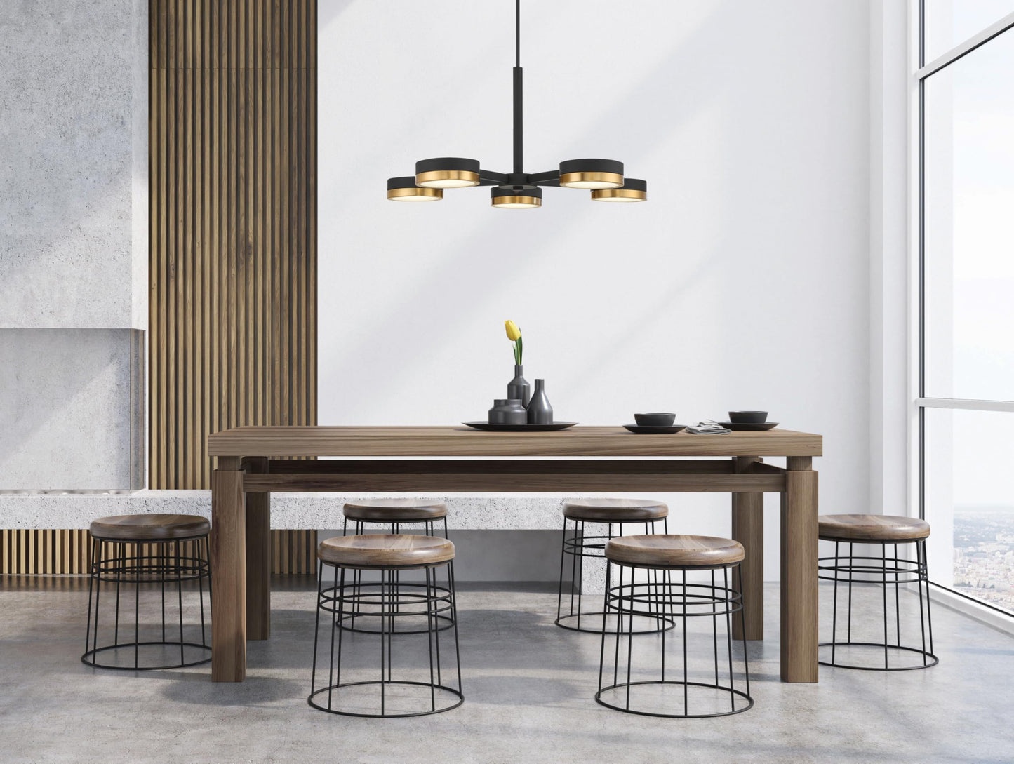 Savoy House 1-1635-5-143 Ashor Modern Geometric Crushed Crystal Chandelier, Integrated LED 5-Light 55 Total Watts, 16" H x 34" W, Matte Black with Warm Brass Accents