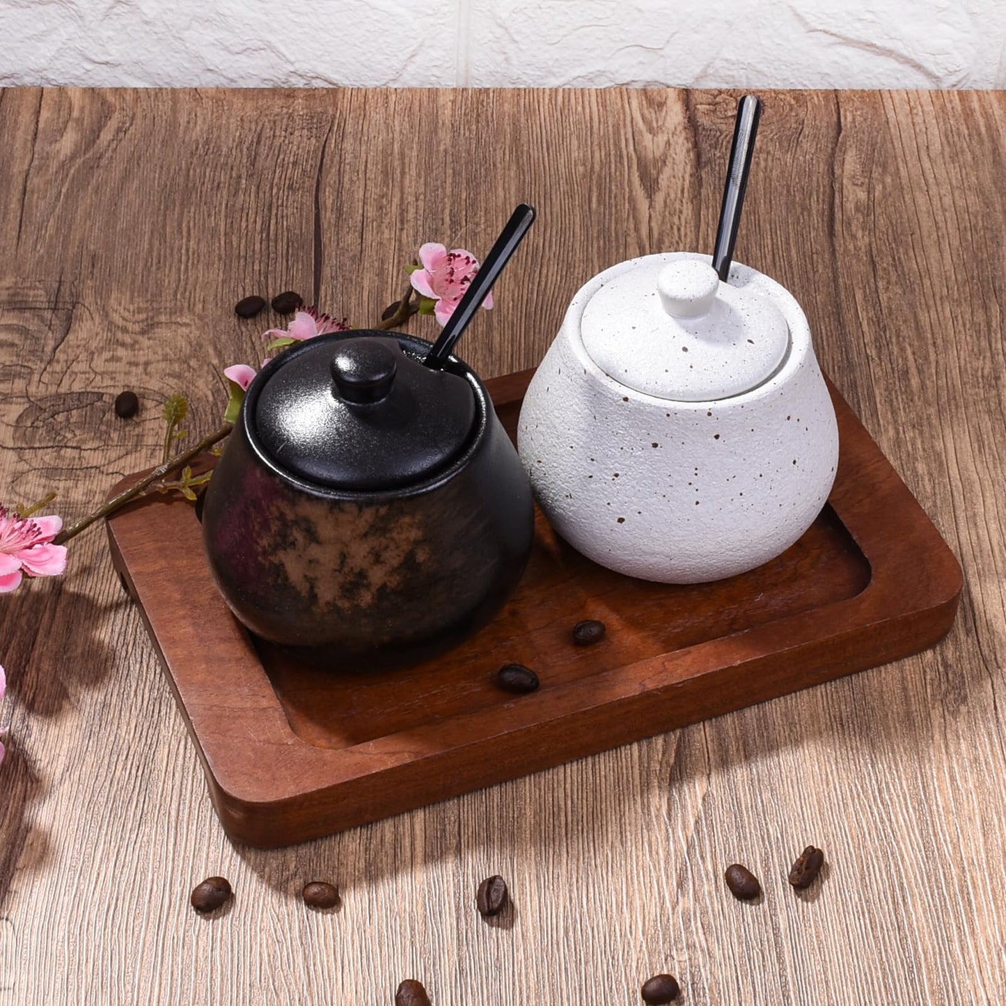 BOSILI Sugar Bowl with Lid and Spoons, 3.9" Rustic Reactive Kiln-Glaze Spice Jar, Black & Brown Porcelain Condiment Pot for Salt, Jam & Seasonings, Textured Stoneware Salt Cellar for Kitchen & Cafe