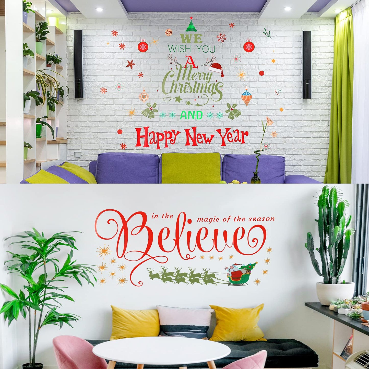 Large Christmas Wall Decals Stickers - Believe Quotes Decals, Tree Door Stickers Merry Christmas Wall Decorations Xmas Bathroom Fireplace Decor for Party Window Supplies - Removable