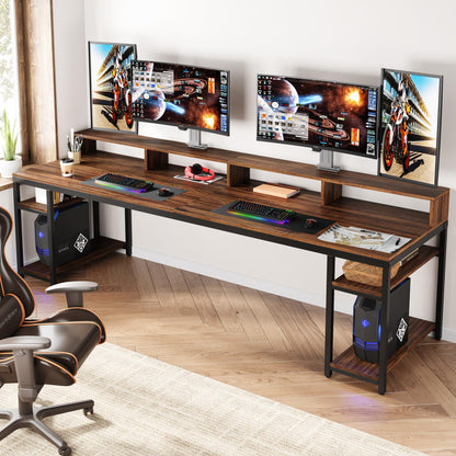 Tribesigns Two Person Desk with Monitor Stand, 78.74" Long Double Computer Office Desk with Storage Shelves, Large Gaming Study Writing Table Workstation for Home Office (Rustic Brown)