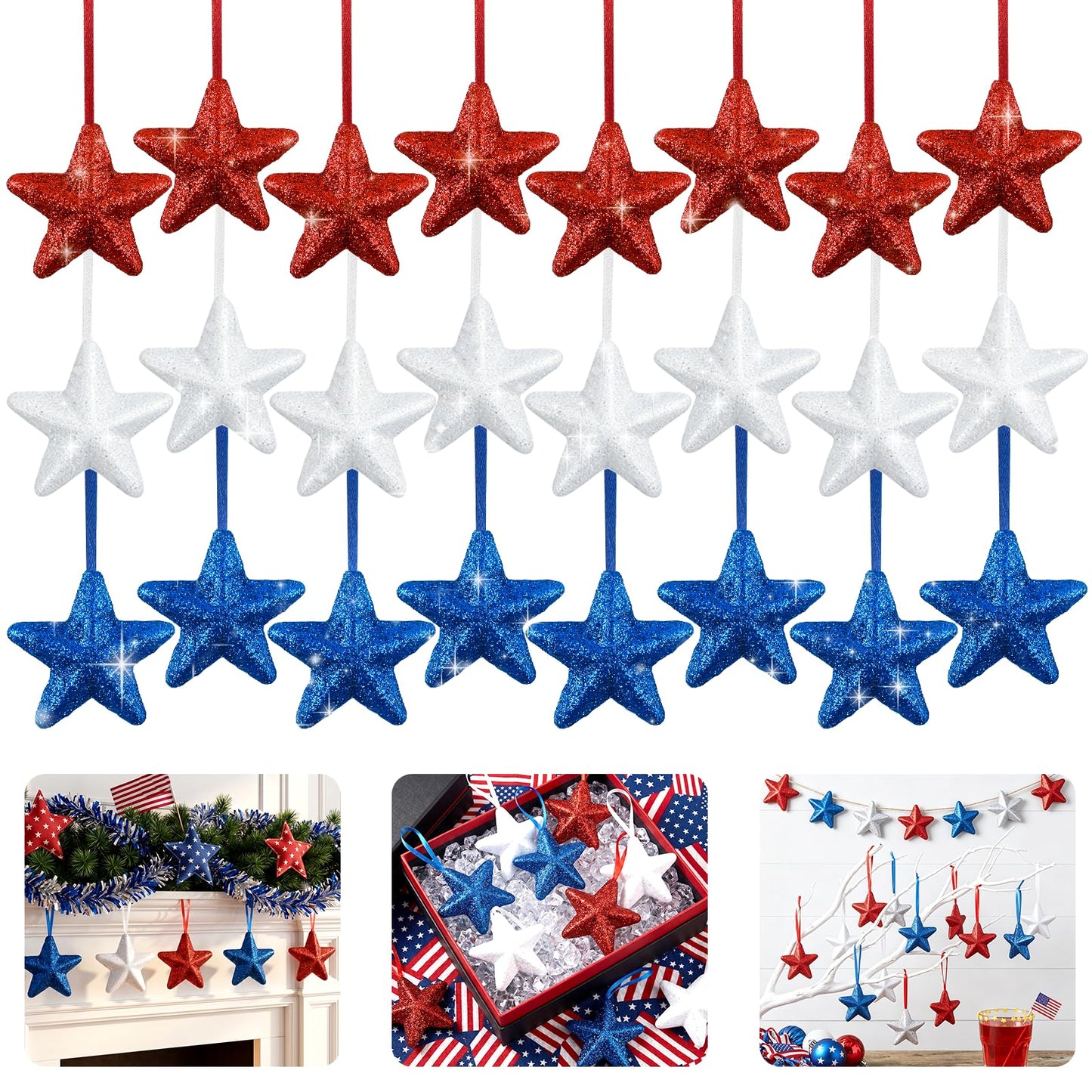 Morofme 24pcs Patriotic Star Ornaments Glitter Red White and Blue Stars to Hang Independence Day Stars Tree Decorations 250th Anniversary Star Ornaments for Home Party Veterans Day 4th of July