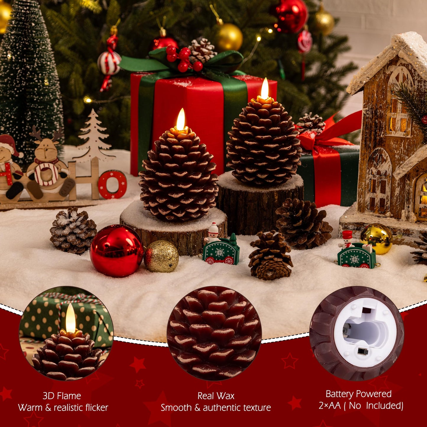 AFINETH Christmas Pinecone Candles Flameless, Real Wax Battery Operated Pine Cone Candles with Remote, 2 Pack Flickering Led Candle Christmas Decorations for Winter Home Holiday Xmas Gift, Brown