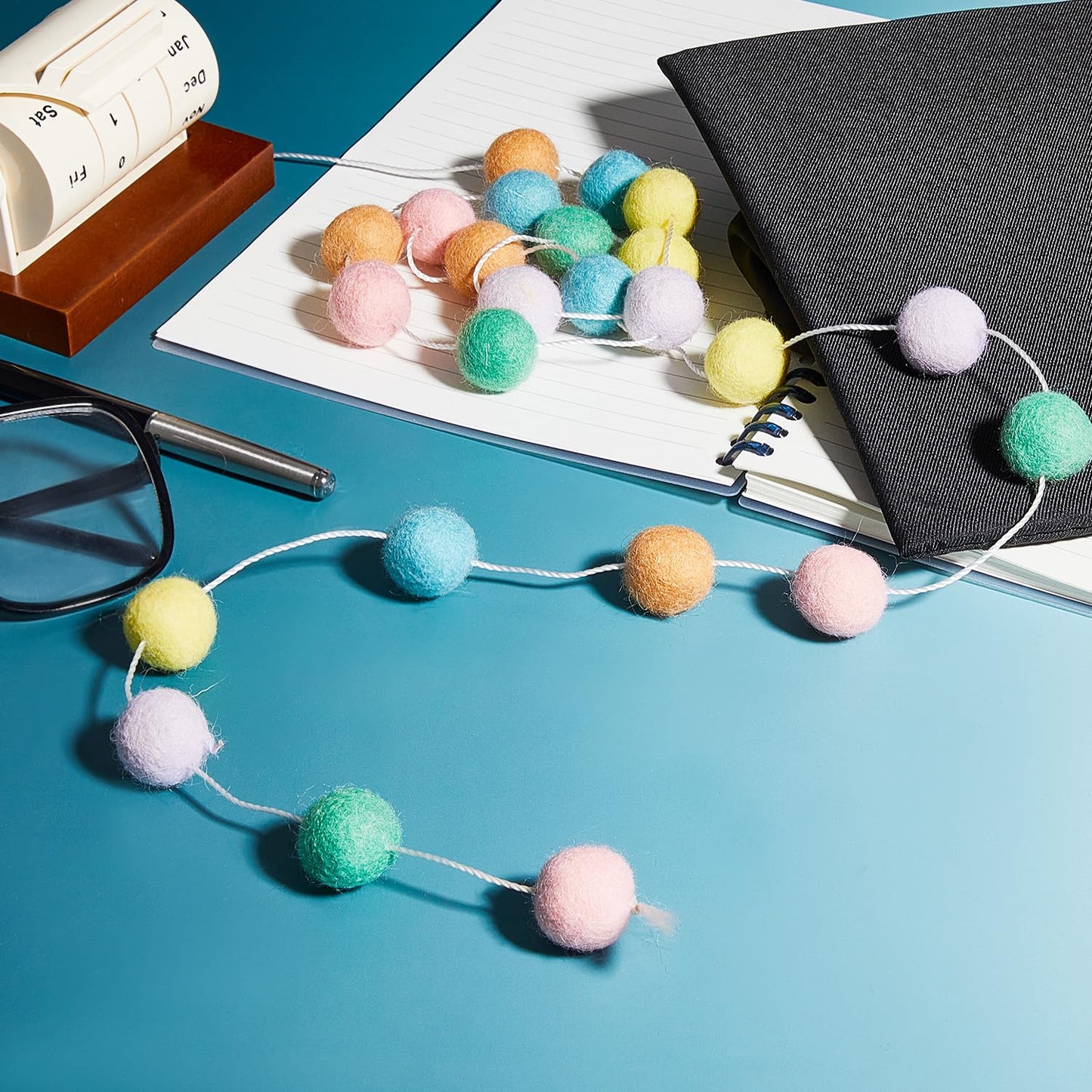 WILLBOND 2 Pieces Wool Felt Rainbow Ball Garland Colorful Pom Pom 6.5 ft Long 24 Ball Garland for Easter Mardi Gras Classroom Halloween Thanksgiving Xmas (Pastel Colors)