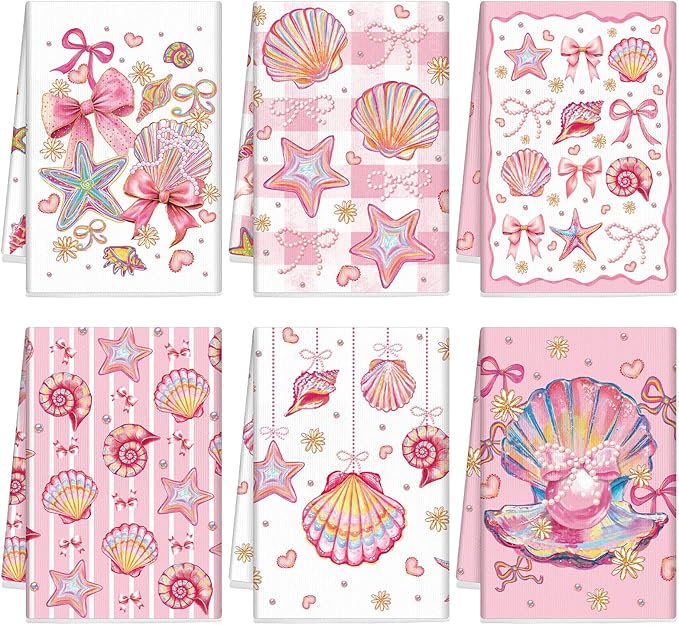 Breling Set of 6 Pink Beach Kitchen Towels Coastal Beach Dish Towel Bathroom