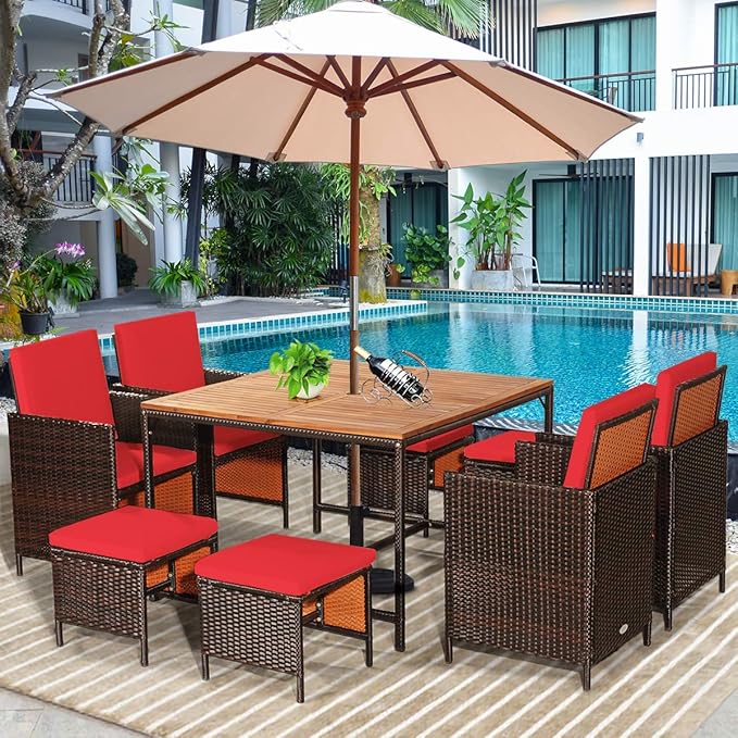 Tangkula 9 Pieces Acacia Wood Patio Dining Set, Space Saving Wicker Chairs and