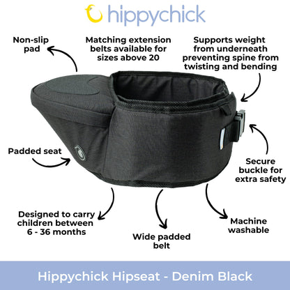 Hippychick Hipseat Baby Carrier, Lightweight Back-Saving Support Waist Stool, Adjustable Strap, Can Carry 6-36 Months Child, Denim Black