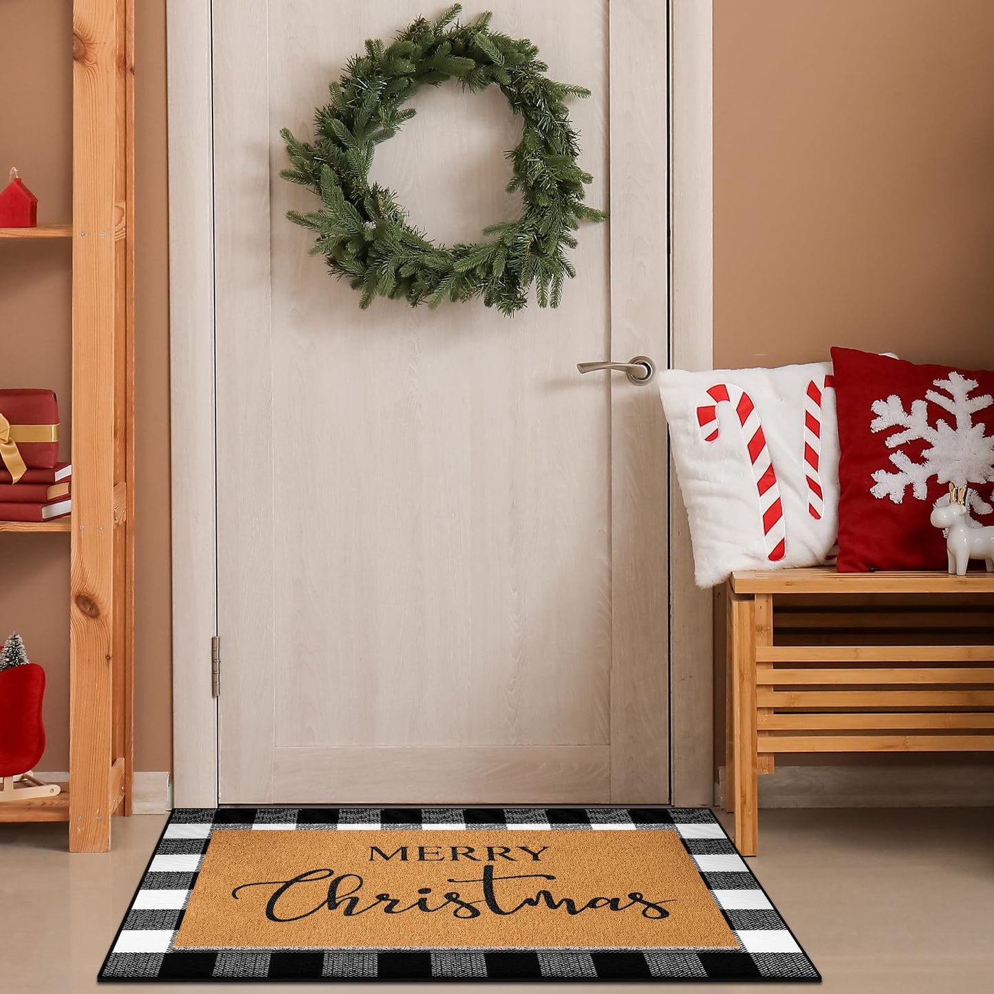Duraaamo 2 Pcs Christmas Doormat Merry Christ Non Slip Outdoor Rug Xmas Welcome Layered Buffalo Floor Mats for Front Porch Entryway(Black White,Plaid)