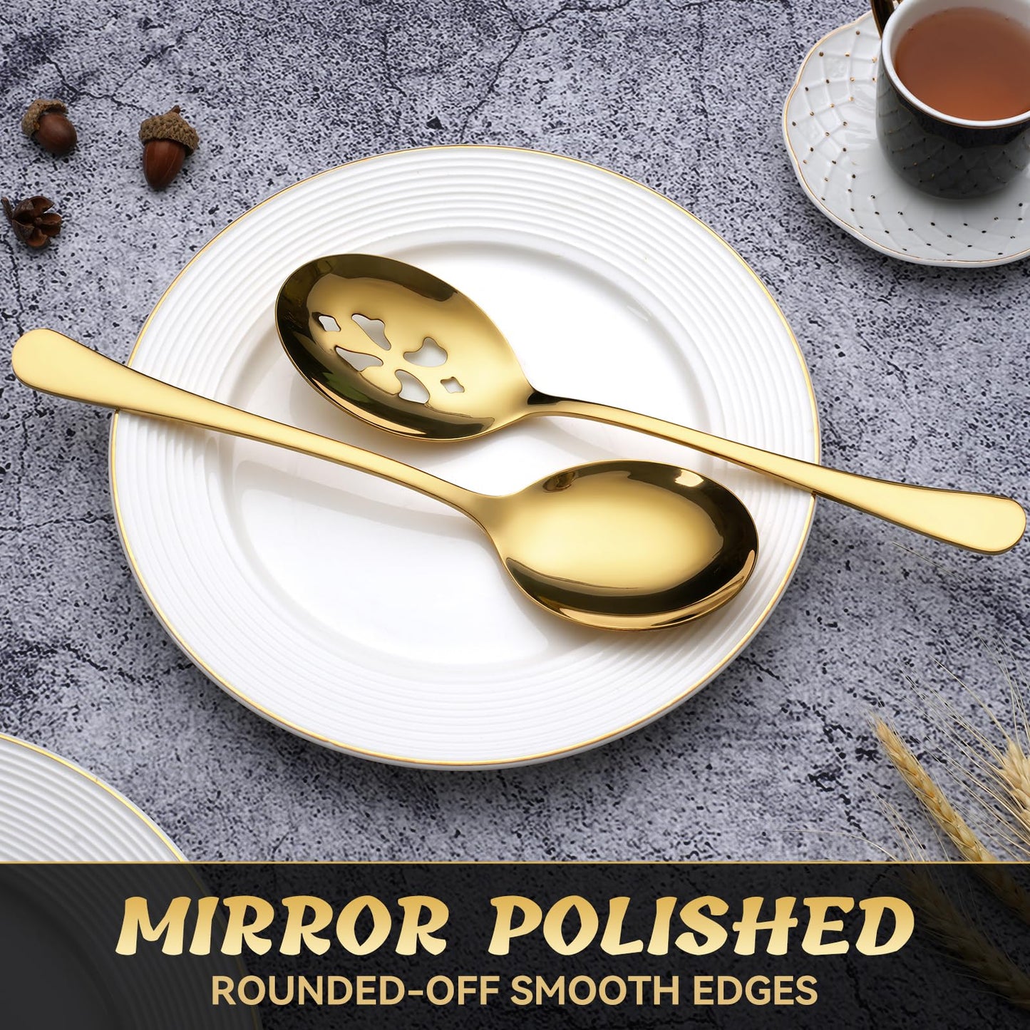 Keyoxy 6 Piece Stainless Steel Serving Spoon Set - 3 Large, 3 Slotted,Dishwasher Safe,10-Inch,Gold, for Parties/Kitchen/Buffet/Catering