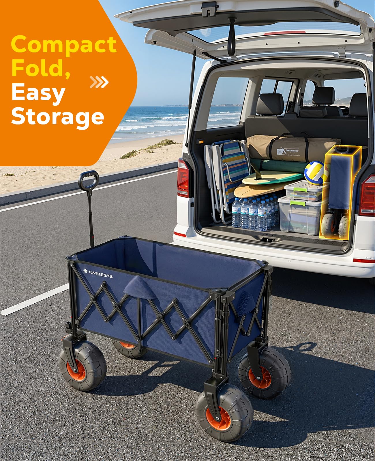 Beach Wagon with Big Wheels for Sand, 440lbs Wagons Carts Foldable with 9x4 All-Terrain Wheels, Rear Tailgate, 200L Capacity, Heavy Duty Collapsible Beach Cart for Garden Sports Camping Outdoor, Blue
