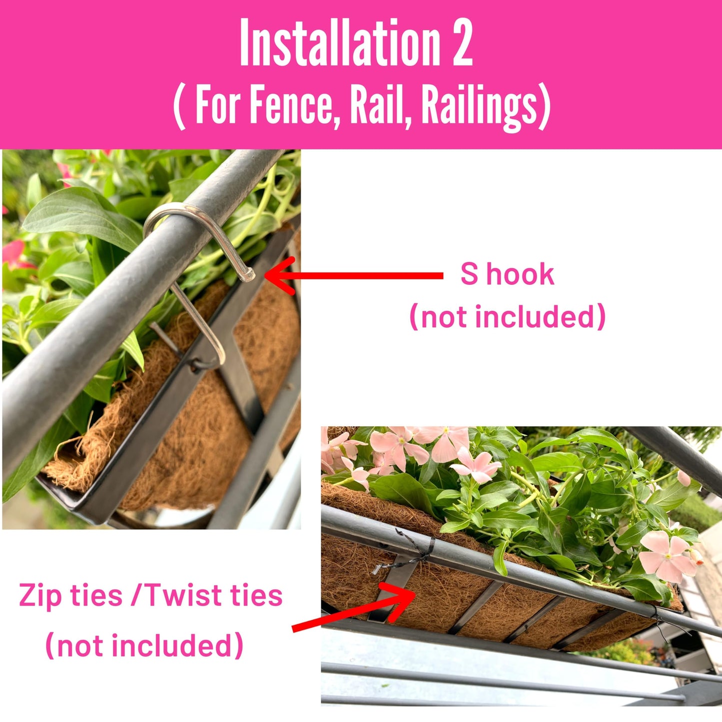 LaLaGreen Wall Planters - 16 Inch, 2 Pack Deck Railing Planter Boxes for Outdoor Plants, Window Flower Box with Coco Liners Metal Horse Troughs Fence Balcony Garden Herb Pot Patio Porch Over Rail
