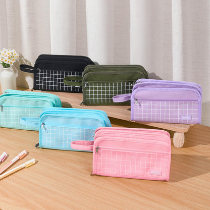 Sooez Large Pencil Case, Big Capacity Pencil Pouch Pen Bag with 3 Compartment, Portable Canvas Stationery Organizer with Zipper, Cute Aesthetic School Supplies for Teen Girls, Sky Blue with Plaid