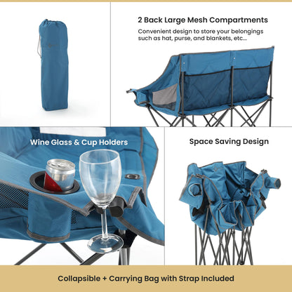 ARROWHEAD OUTDOOR 2-Pack Portable Folding Double Duo Camping Chair Loveseat w/ 2 Cup & Wine Glass Holder, Carrying Bag, Supports up to 650lbs