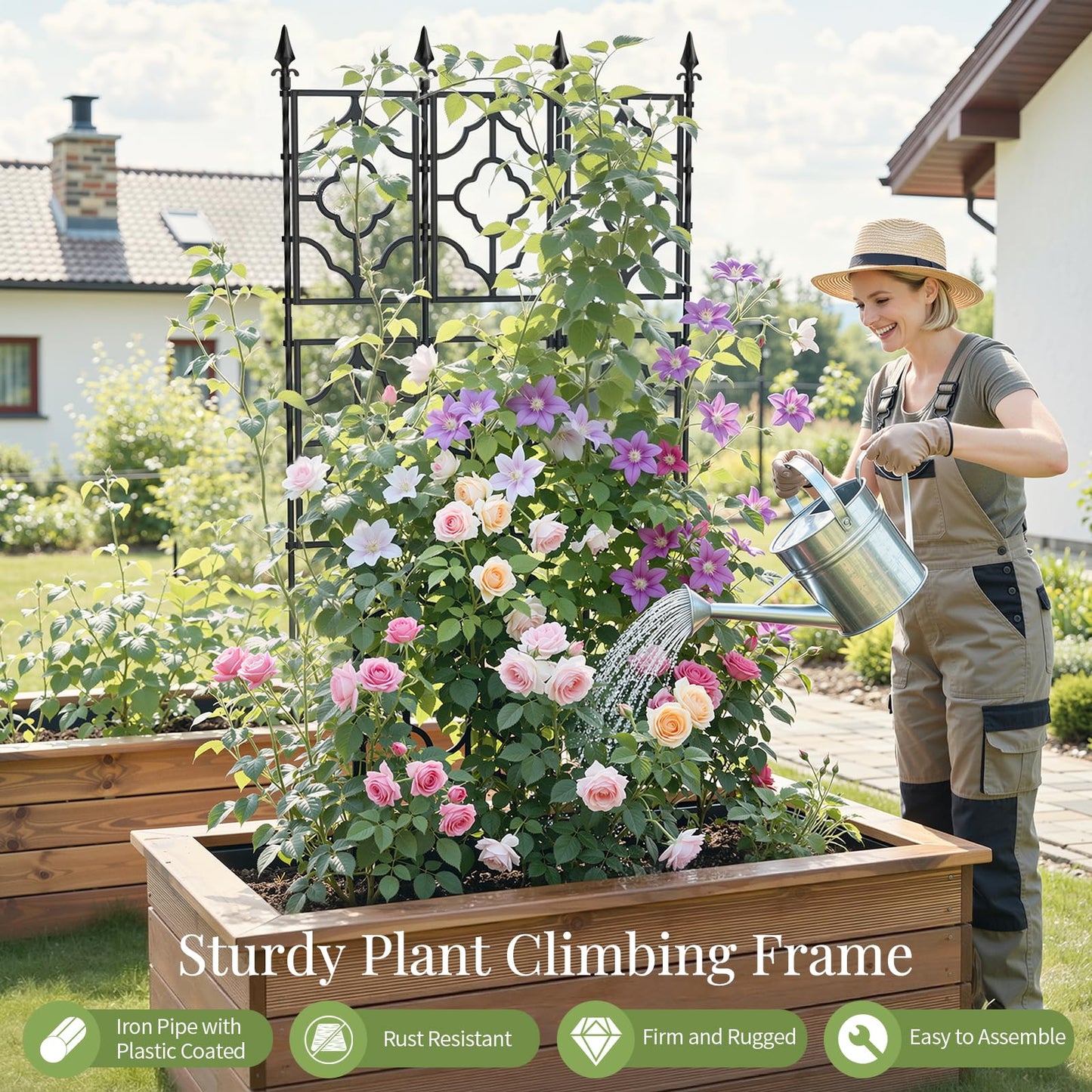 Housolution 64.57×25.28in Garden Trellis for Climbing Plants Outdoor, Plant Trellis Frame with Plastic Coated Iron Tubes for Vines Flowers Vegetable, Plant Climbing Frame Indoor Outdoor