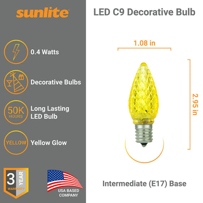 Sunlite 80709 LED C9, Holiday Decorative Light Bulb, 0.4 Watts, E17 Intermediate Base, Faceted Christmas-Lights; Nightlight, Yellow, 6 Count