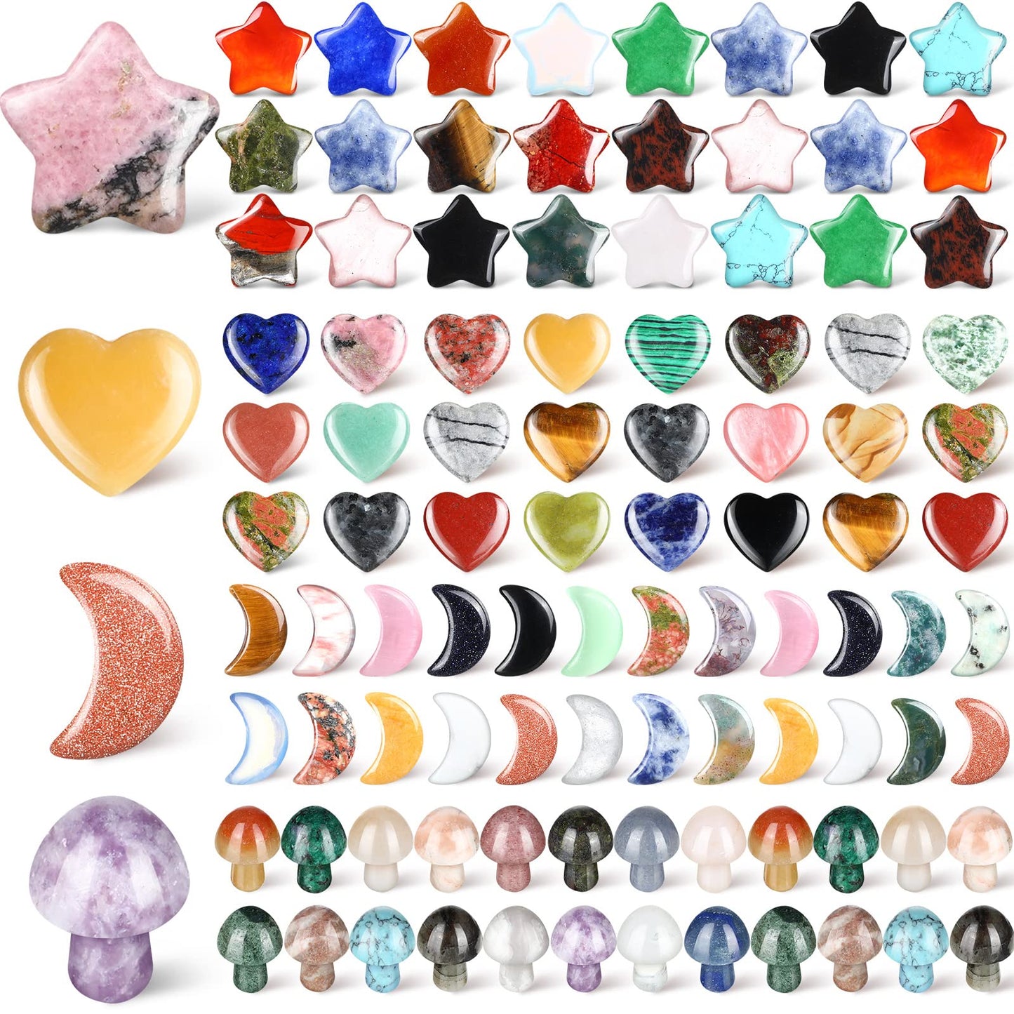 Nuenen 100 Pieces Crystal Bulk Mushroom Sculpture Valentine Heart Shaped Moon Star Crystals Stones Worry Stones Assorted Hand Making Palm Thumb Gemstones for Meditation Reiki Balancing